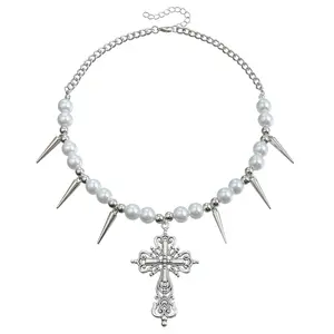 Alloy Silver Plated Gothic Cross Choker Necklace with Glass Pearl & Spike Details | Viral Y2K Punk Statement Jewelry for Alt Grunge Aesthetic