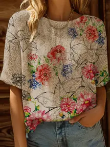 Spring Summer One-Shoulder Knit Top Blouse, Colorblock Floral Print Short Sleeve Round Neck, Boho Beach Style, Casual Elegant Commute, Women's Knitwear