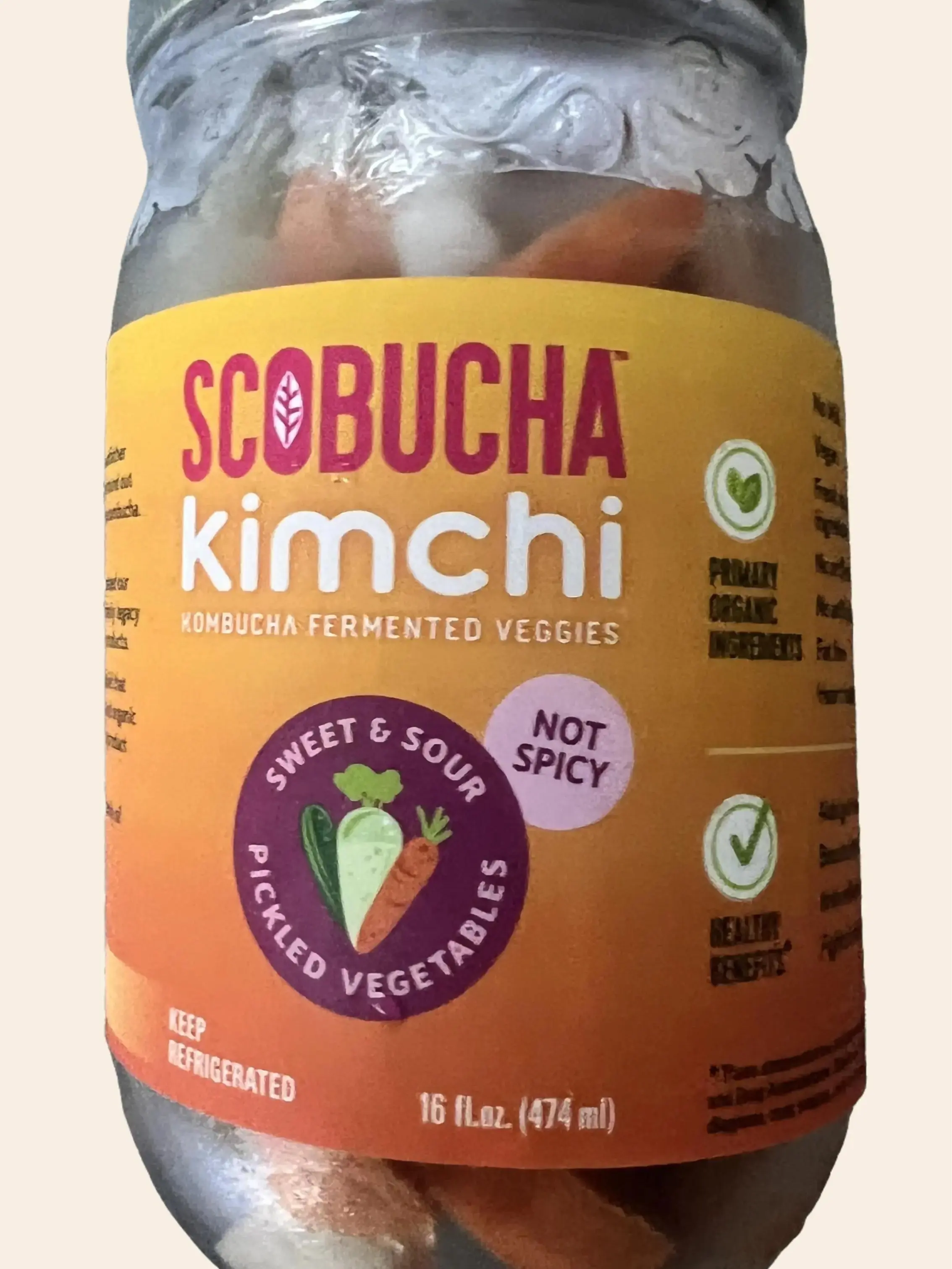 Scobucha Kimchi Fermented Sweet & Sour Pickle Vegetables Non-Spicy in Glass Jars with Carrots Cucumber Daikon Radish Healthy Snack Vegan Paleo Keto Preservative Additive Free Pickled 16 fl oz 474 ml Natural Food - Perfume