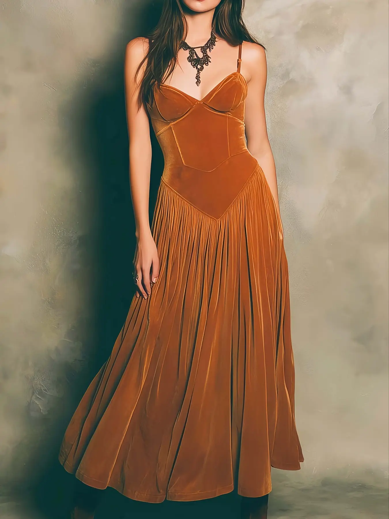 Fashion Thin-Strap Adjustable Basque Waistline V-Shaped Ruched Velvet Fit Long Sleeveless Women Dress, Elegant Retro Formal Style, Aesthetic, Perfect for Parties and Special Occasions, Garment