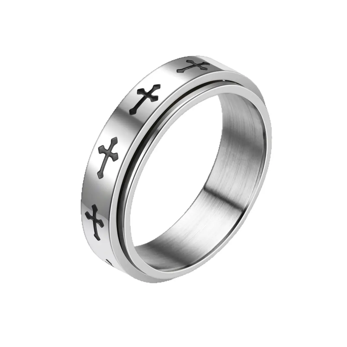 Corroded cross pattern rotatable titanium steel ring, stress-relief stainless steel ring, men's jewelry