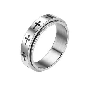 Corroded cross pattern rotatable titanium steel ring, stress-relief stainless steel ring, men's jewelry