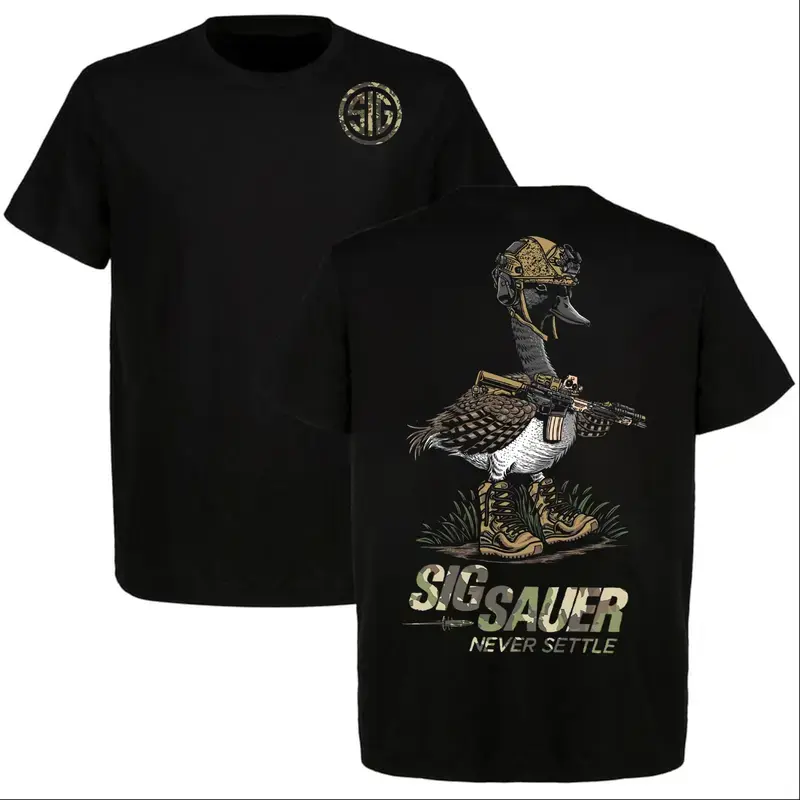 "Never Settle" Pure Cotton T-Shirt - The Perfect Choice for Sig Sauer Fans; Military-Style, Darkly Humorous Tactical Gear; Full-Color Print.,summervibes