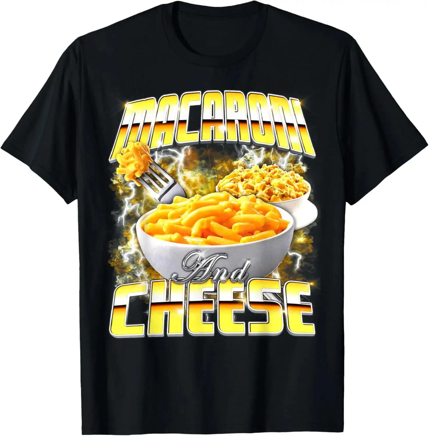 Women's 90s Vintage Macaroni and Cheese Meme Bootleg Rap Style Funny Graphic T-Shirt - Thanksgiving, Easter, Valentine's Day, Christmas Gifts - All Seasons Top, Valentines Day, Cotton, Halloween, Hangable, Letters, Machine Washable, Polyester, Short Sleev