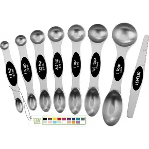 8-Piece Stainless Steel Magnetic Measuring Utensil Set - Heavy-Duty Metal Kitchen Tool with N45 Magnets, Leveler, Black Stand - Ideal for Baking, Cooking - Compatible with Most Kitchen Spice Jars