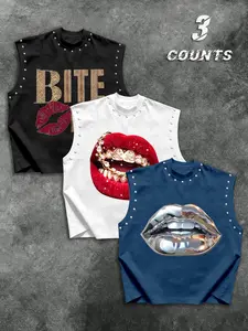 Men's Street Style Sleeveless Vest, Rivet Lip Print, Breathable Fitted T-Shirt, Summer Fitness Top, Casual Wear, Streetwear