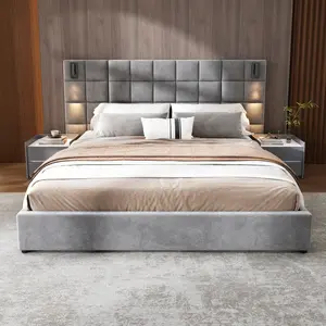 King Size Upholstered Platform Bed Frame,With Wall Sconce And USB Port, Wide Headboard, Velvet, Gray