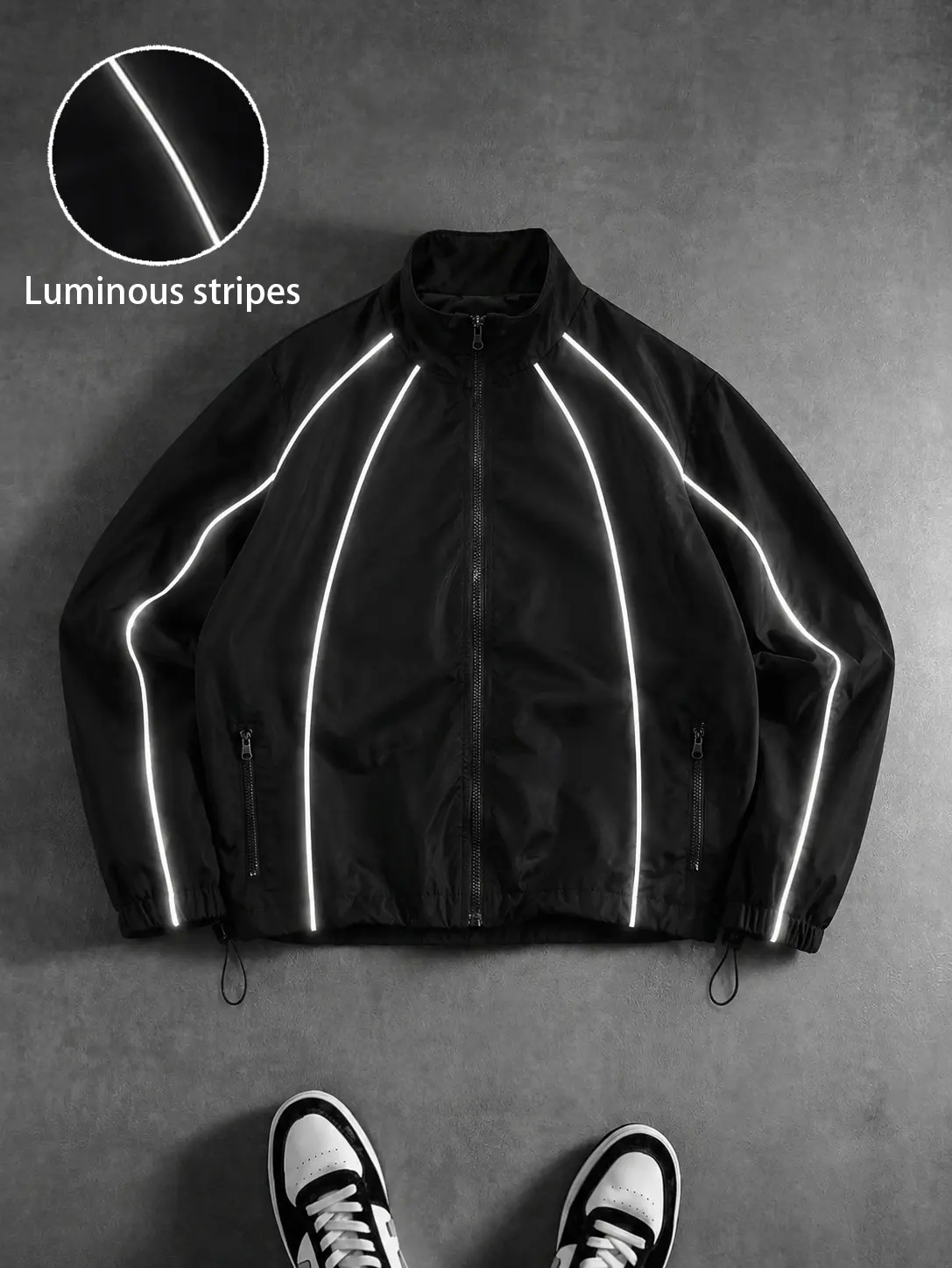 Men's Streetwear Reflective Stripe Pattern Track Jacket - Medium Length, Lightweight, Waterproof, Chic Zip-Up Windbreaker with Stand Collar, Machine Washable for Party Wear