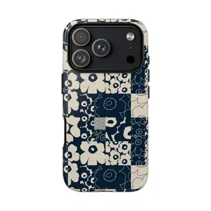 Navy Floral Patchwork Tough Phone Case, Vintage Flower Pattern Protective Cover, Stylish & Elegant Design, gift