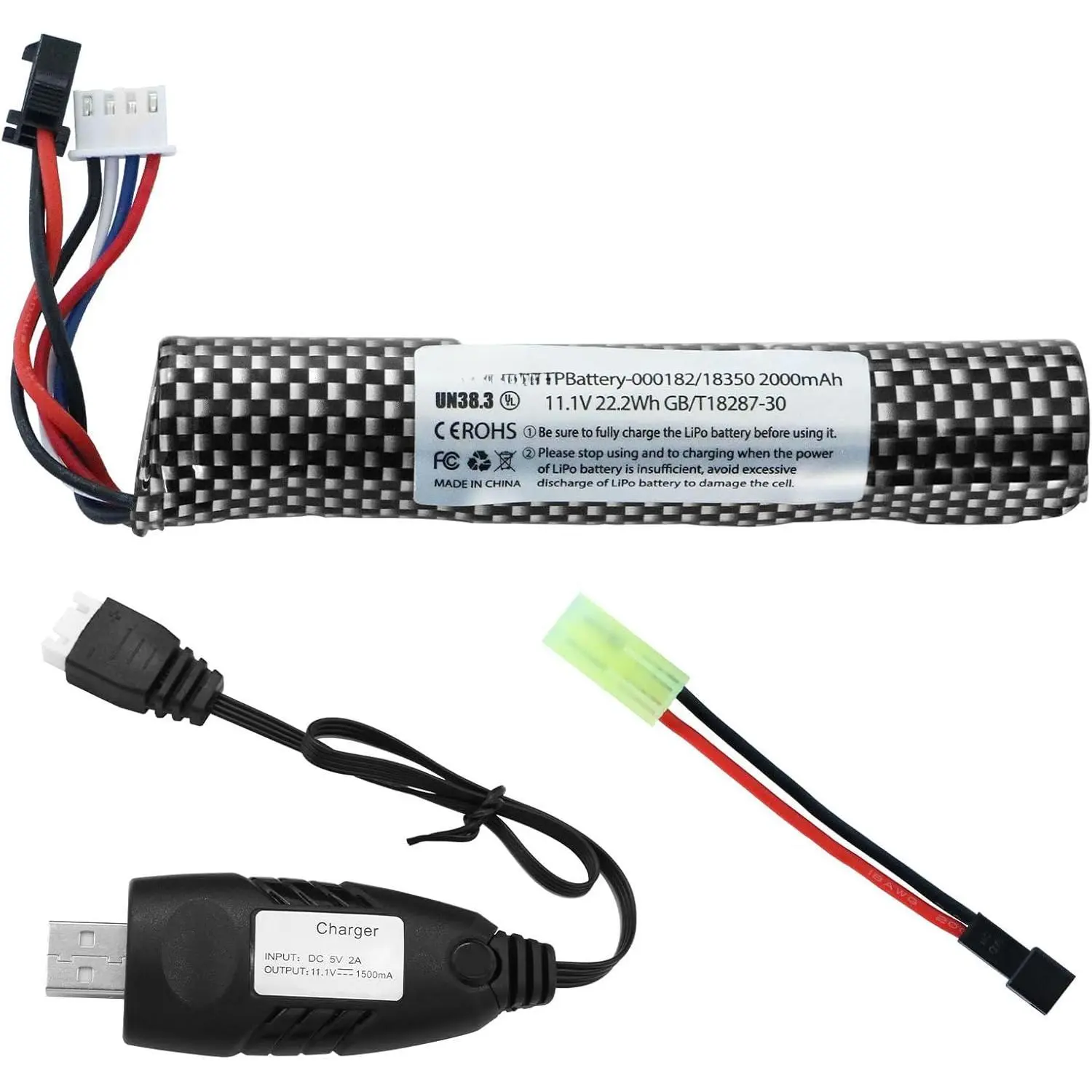 11.1V 2000mAh 30C Discharge Lithium Polymer (Li-Po) Rechargeable Battery for Airsoft Gel Blasters, Waterblaster - 1 Pack with Mini Tamiya to SM2P, XH-4P Plug Charger Cable for Replacement