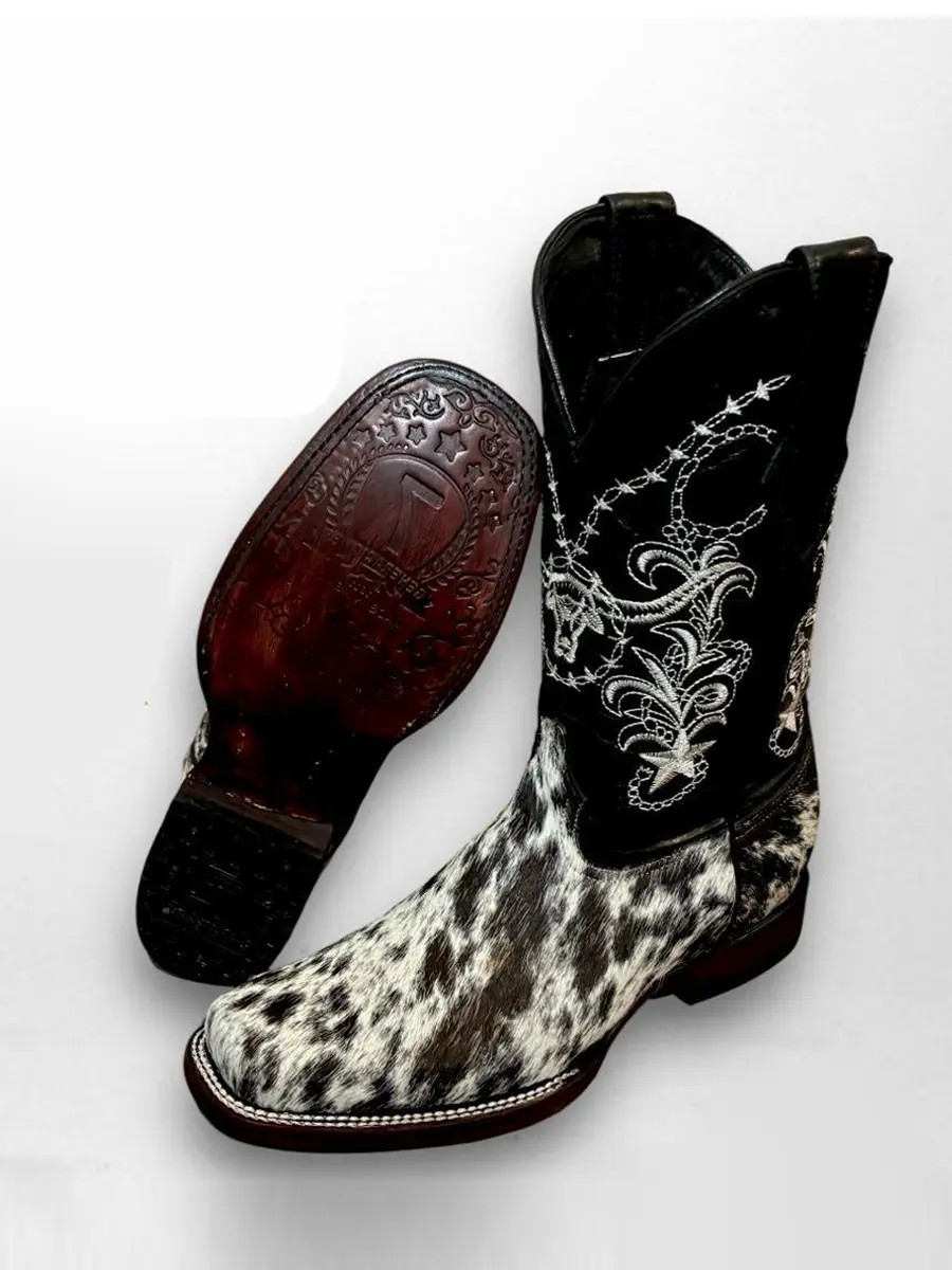 Men's Cowhide Leather Closed Mid-Calf Boots - Western Elegance, Cowboy Aesthetic, True To Size, All-Season Footwear with Unique Decor Features, Cow Print, Rodeo Outfit Inspo, Cow Hide, Cowboy Stuff, Party Wear, Statement Shoes, Western Ootd, Genuine Leath