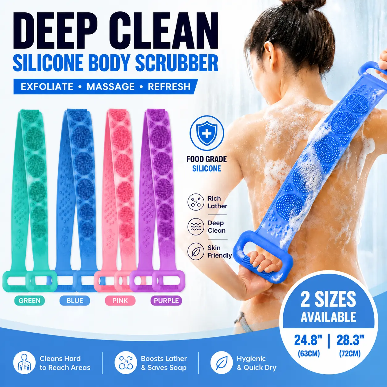 Silicone Back Scrubber Strap – 24.8" & 28.3" Dual Size, Deep Clean Body Exfoliator for Shower