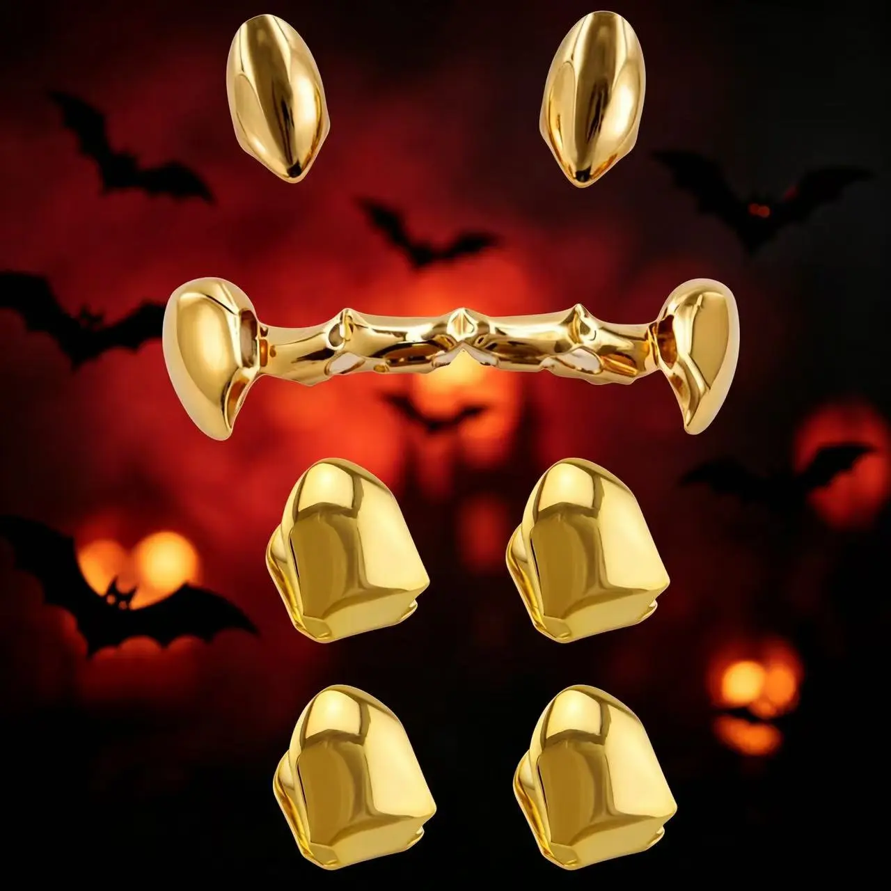 Shiny Gold Vampire Fangs Grillz, Removable Hip Hop Teeth Caps, Punk Cosplay Dental Grills, Vampire Tooth Jewelry for Halloween Costume, Club Party & Rapper Stage Accessories