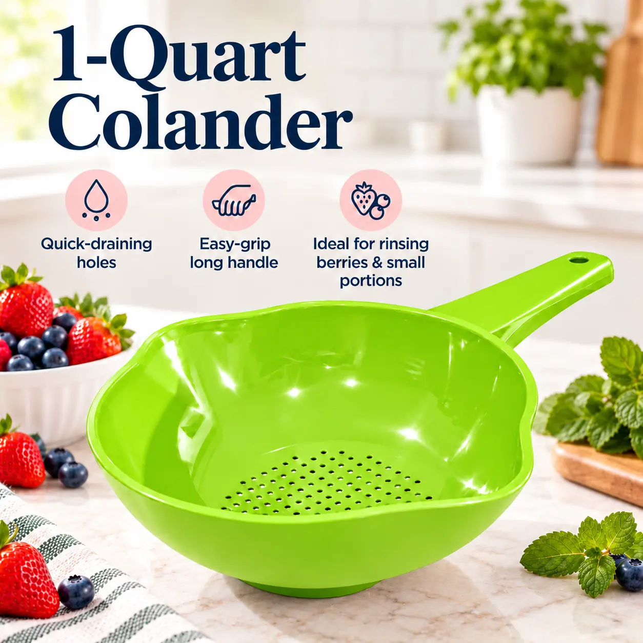 1-Quart Colander with Long Handle – Lime Green Fruit & Vegetable Strainer