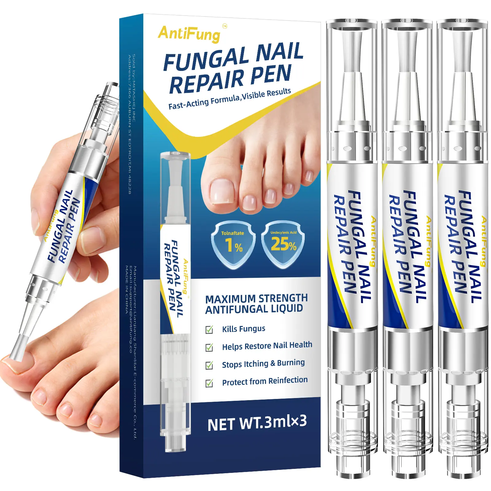 AntiFung Extra Strength , 25% Undecylenic Acid Antifungal Pen for Thick, Discolored & Damaged Nails, 3-Pack