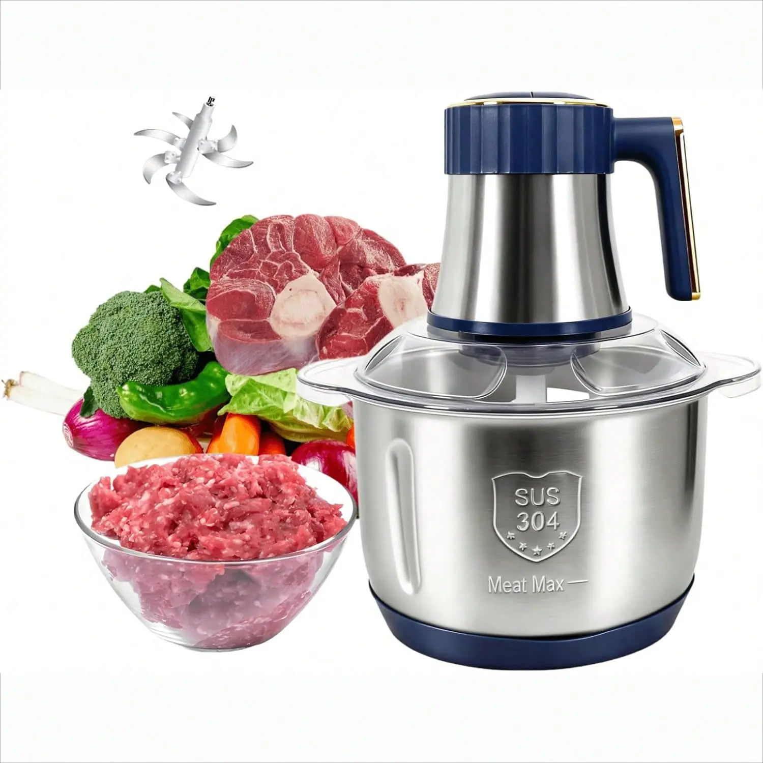 5-Speed Electric Food Processor & Meat Grinder - 500W Kitchen Appliances with 5L Large Capacity (20 Cups), 2 6-Blade Sets, Push Button for Chopping, Grinding & Dough Mixing, Easy to Clean Cooking Prep Tool