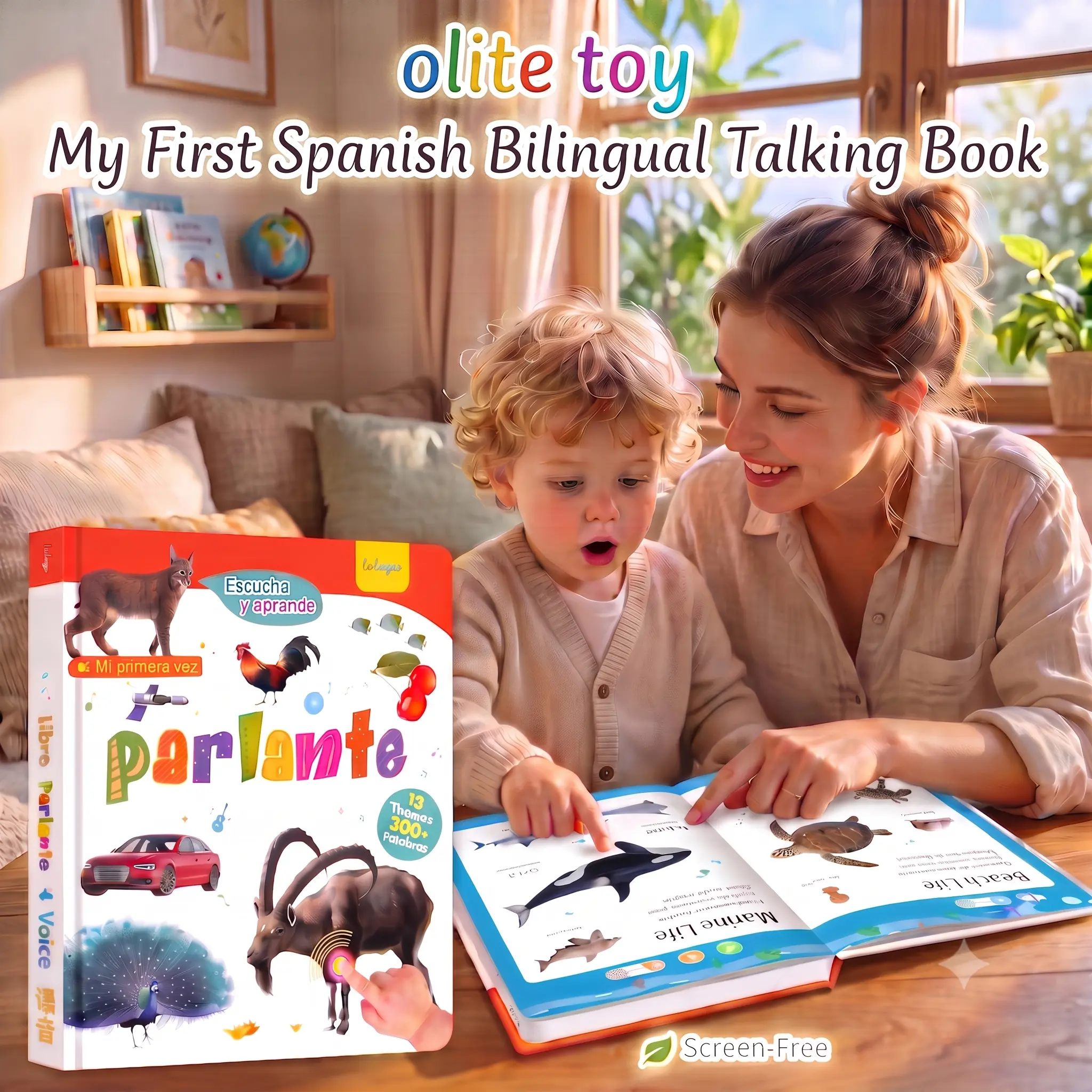 Brand-new “Parent-Child Reading” audiobook—an interactive learning toy in Spanish and English for children ages 1–6—featuring over 300 words across 13 themes, a talking audio toy, a shared reading experience, and an educational gift for preschoolers