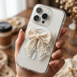 Girly Lace Bow MagSafe Phone Grip - Cute Acrylic Pop Socket for iPhone & Android - Elegant Pearl Lace Bow Phone Grip