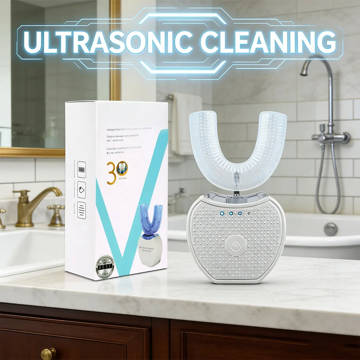 360° Automatic U-Shaped Toothbrush with Ultrasonic Vibration & Blue Light, Full Mouth Electric Tooth Cleaner, USB Rechargeable for Adults
