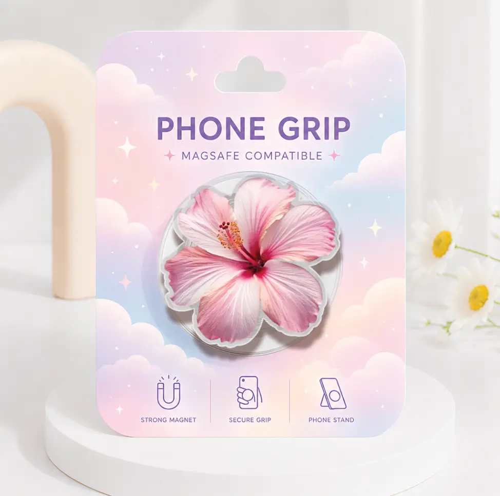 ATBG Pink Hibiscus MagSafe Phone Grip, Botanical Acrylic Phone Holder, Tropical Flower Magnetic Pop Socket, Cute Flower Phone Accessory, Gift for Her