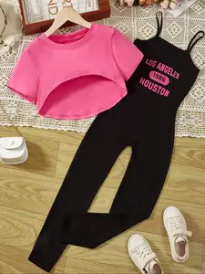 Girls Short Sleeve Hoodie & Letter Romper Set, Chest Print 'los Angeles 1986 Houston', Casual Summer for Weekend Outings