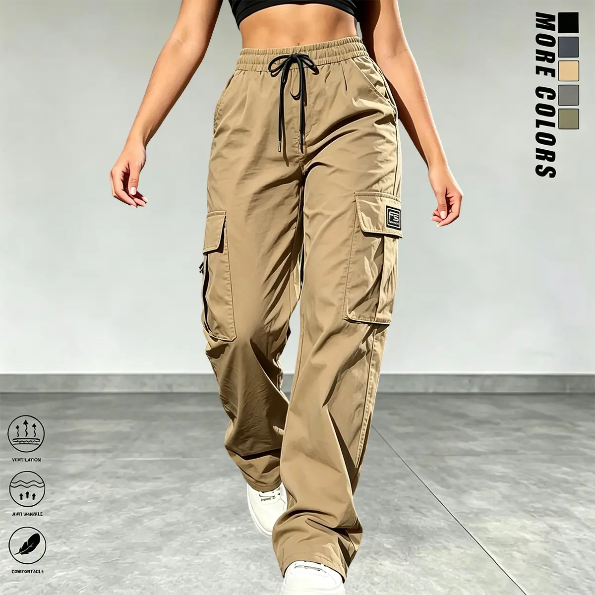 Women’s cargo pants: casual, elastic waist, Bohemian minimalist basic women’s trousers with pockets; suitable for summer outfits, vacations, and beachwear; sporty casual style; comfortable loose fit; casual drawstring high-waist pants; loose and comfortab