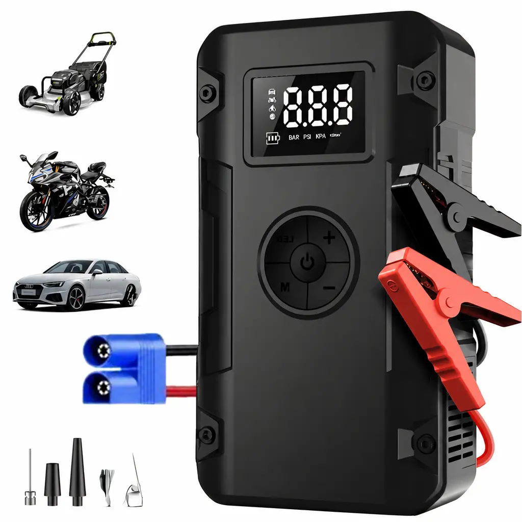 1pc 5-in-1 Jump Starter with Air Compressor Peak Power, ABS Material, USB Rechargeable, for Gas/Diesel Vehicles, Portable with LED Emergency Lighting, Auto Shut-Off, Tire Pressure Detection & Adjustment, Quick Charge Automotive Car Essentials Car Accessor