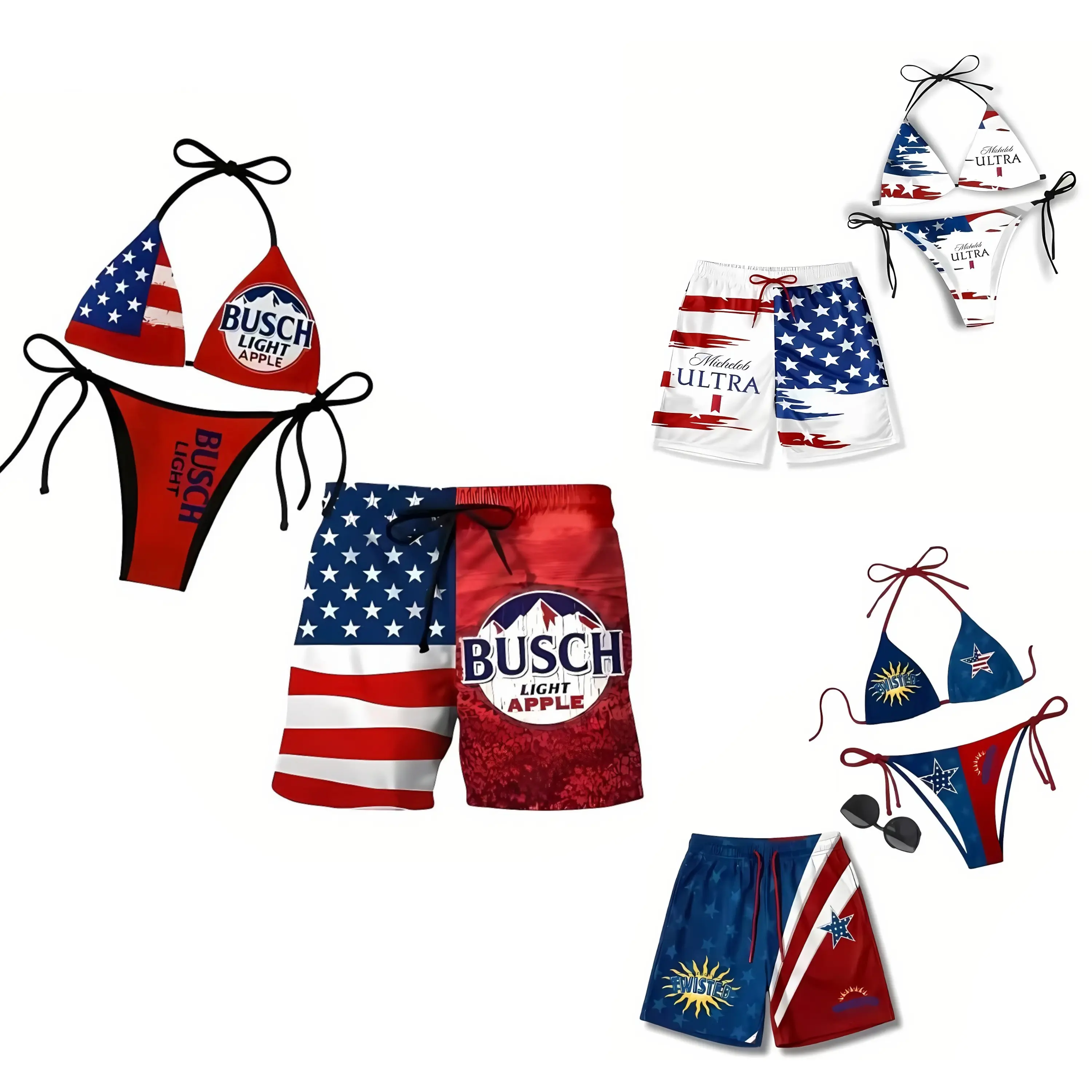 Busch-Apple Matching Swimsuit Set, Patriotic Couple Bikini, USA Flag Swim Trunks, Summer Beachwear
