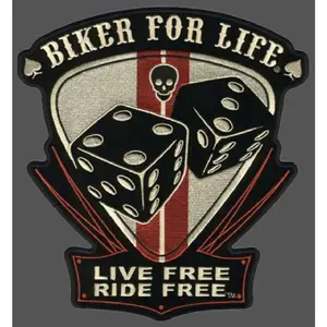 Biker for Life - Pinstripe Live Free Playing Dice - Novelty Embroidered Biker Jacket Patch - Iron on Backing or Sew On