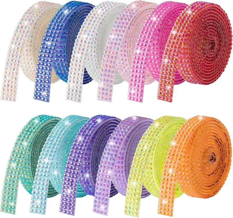 12-Roll Self-Adhesive Rhinestone Ribbon Set – 12 Yards of Crystal Bling Strips, Easy Peel & Stick for Cups, Clothes, Crafts, Instant Bedazzling Magic for All Your DIY Projects!