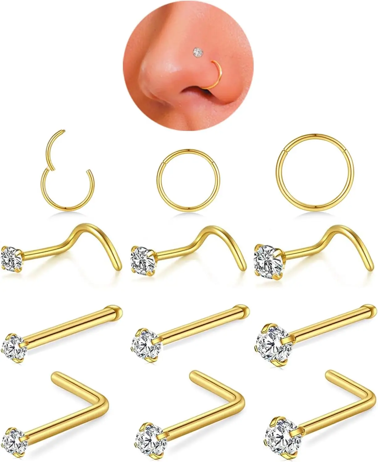 DEYLINA Nose Rings Hoop and Nose Studs Sets for Women Men,Hypoallergenic 316L Surgical Stainless Steel Hinged Clicker Segment Nose Rings Hoop Helix Cartilage Daith Tragus Sleeper Earrings Silver Gold Black L  Nose Studs Real Body Piercing Jewelry
