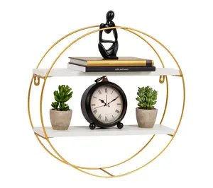 Mind Reader Floating Round Wall Shelves, Gold Metal Frame