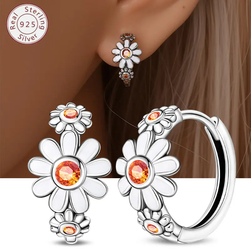 Women's 925 Sterling Silver Daisy Flower Huggie Hoop Earrings, Fashionable Hypoallergenic Costume Jewelry Gifts, Fashionable Huggie Earrings, Hypoallergenic Earrings
