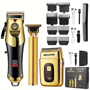 3-Piece Professional Blonde Hair Clipper & Trimmer Kit for Men - USB-Rechargeable Barber Set Featuring LCD Display, Adjustable Blade Hair Clippers, and Professional Men's Trimmer
