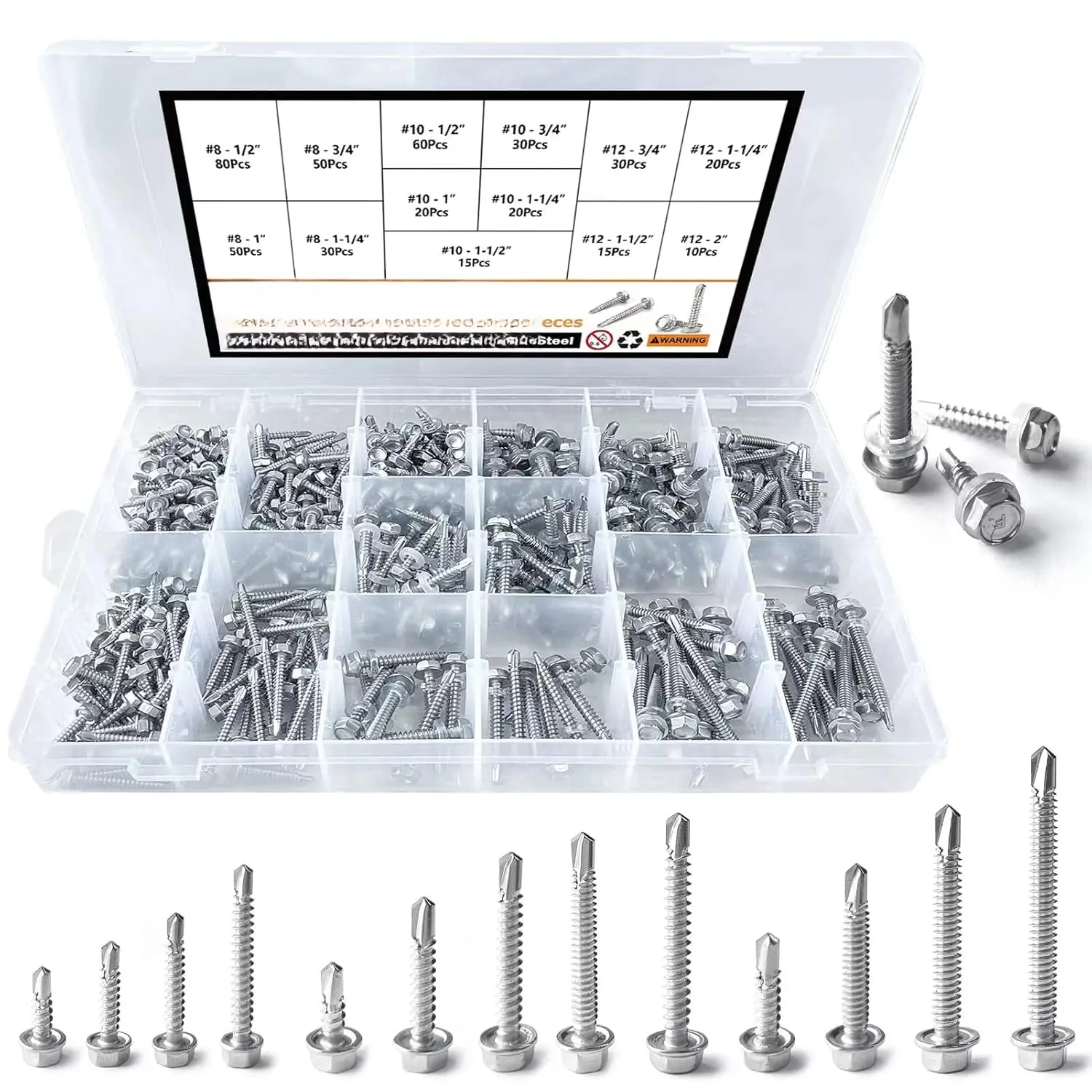 410 Stainless Steel Self Tapping TEK Screws Assortment,430 pcs #8#10#12 Hex  Self Drilling Screws for Metal, Length 1/2" to 2"