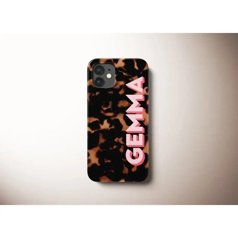 Minimalist Tortoiseshell Leather Wallet Smartphone Case with Tracker - Customized Permanent Print Side Name, Slim Lightweight Durable TPU Protection for iPhone 7 Plus,8,XS,11,12 Pro,13 Pro,17 Tech Accessory