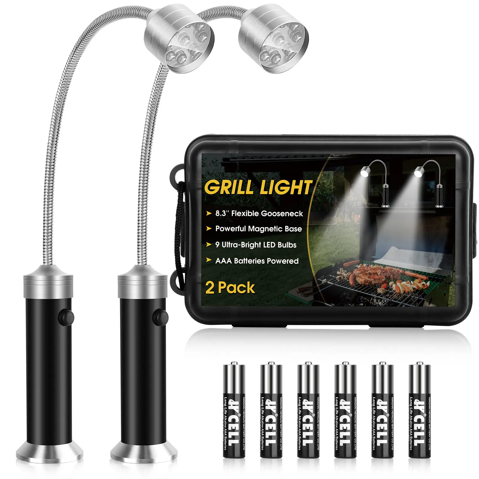 Must Have BBQ Accessories - [2 Pack] Waterproof & Heat Resistant Grill Light, 360° Gooseneck, Magnetic Work Light for Camping, Cooking, Fishing - Gift Box, Batteries Included High Performance Flashlight High Powered Flashlight