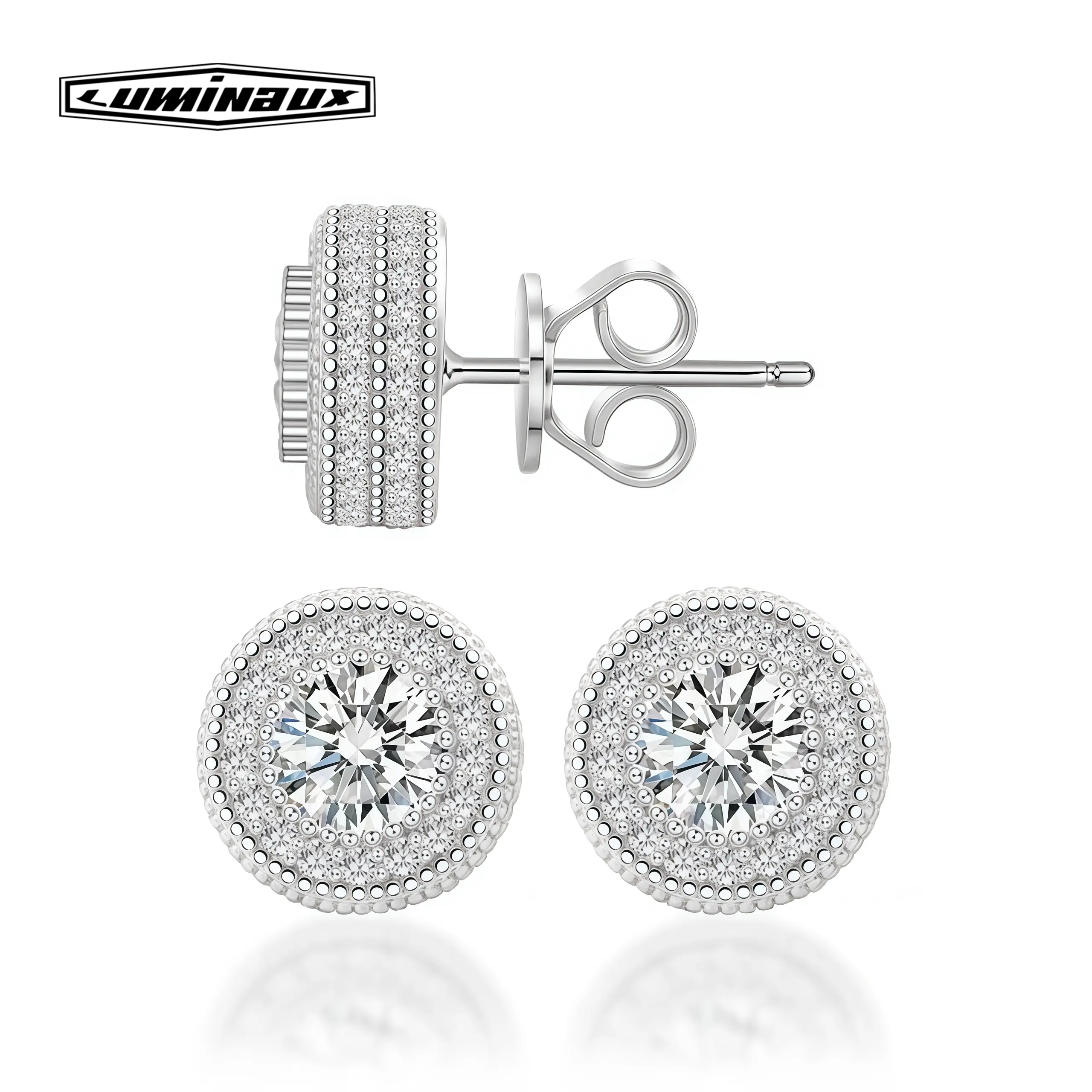 [Pass Diamond Tester] 18k Gold-Plated Double Halo Ice Lab-Created Moissanite Stud Earrings Moissanite Jewelry Perfect Birthday Monther's Day Gift for Men Women