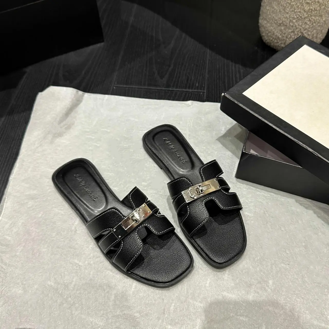 ReneChristine Women's Square Toe Flat Slide Sandals - Metallic Buckle Design, 4 Classic Colors, Rubber Sole Walking Shoe Footwear for Summer Casual Daily Wear, Walking Shoes,back to school,back to school haul