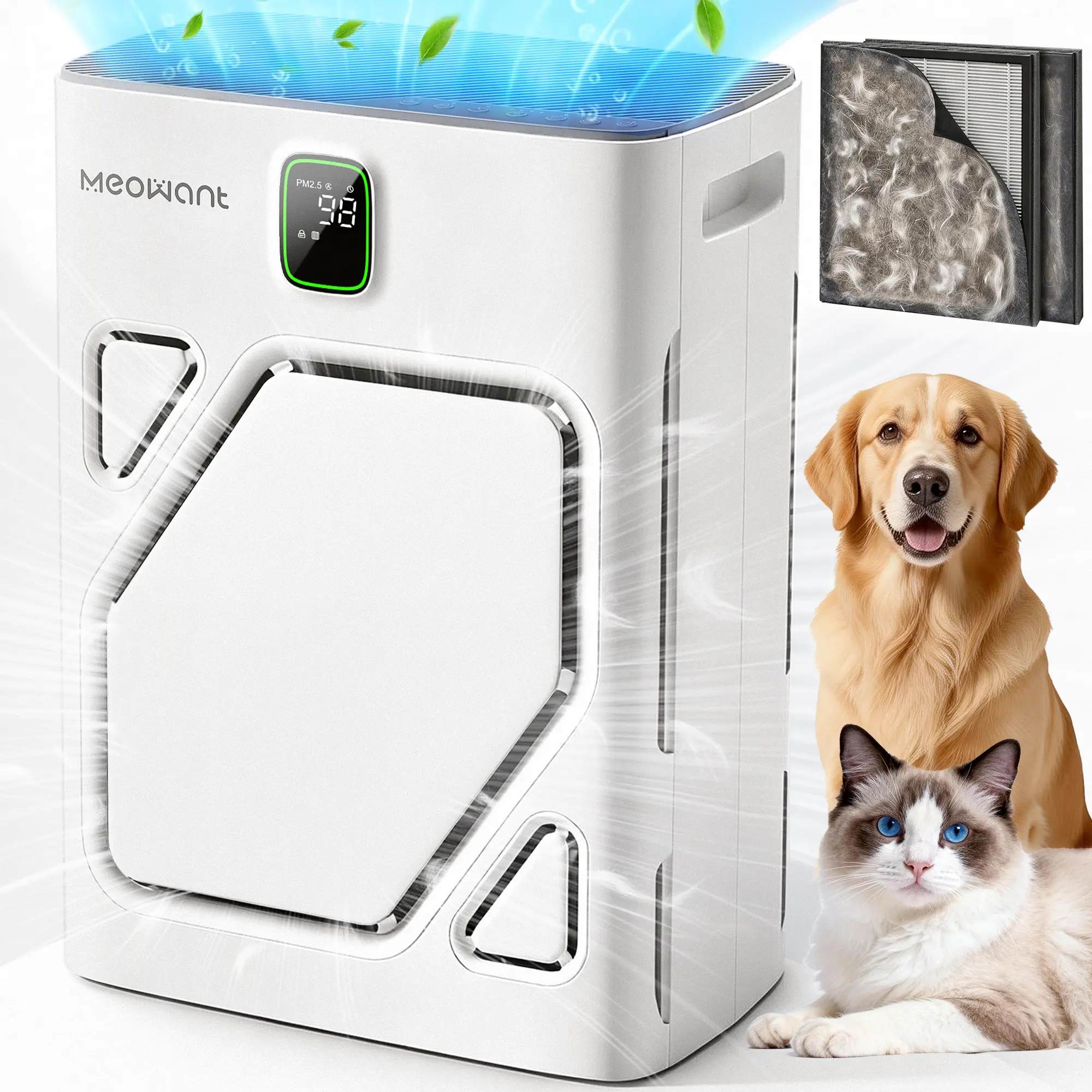 Meowant Pet Air Purifier with True HEPA Filter (H13 Grade), Dual U-Shape Inlets, 6-Layer Filtration, PM2.5 Monitor, Quiet Sleep Mode, Smart AQI Display, 2600 ft² Coverage, ETL Certified, Odor Removal, US Plug, 30-Day Money-Back Guarantee (for Pet Lovers)
