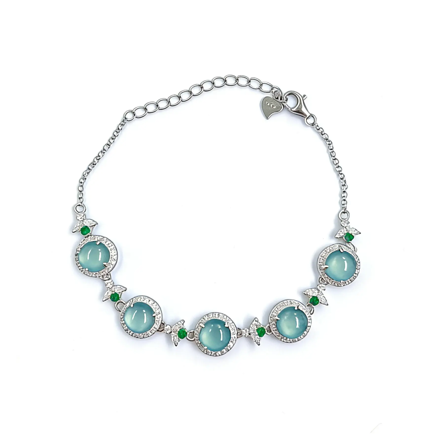 Silver Light Emerald Halo Bracelet with Round Gemstones and Delicate Chain Design for Elegant Wear
