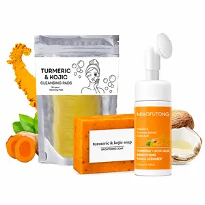 3 in 1 : Turmeric Cleansing Wash Set Turmeric Soap & Cleansing Pad & Mousse Cleanser  Facial Deep Cleansing Nourishing for Women & Men All Skin Types