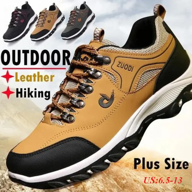 Men's Black Leather Hiking Oxfords, Waterproof Athletic Shoes with Anti-Slip Soles for Outdoor Camping and Trekking, Hiking Style Shoes, Male, Ankle, Us Sizes, Rubber, Stylish Look, Leather Outdoor Shoes, Lace-Up