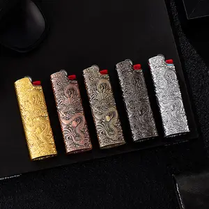 Vintage Metal Lighter Case,Creative Dragon Engraving Lighter Sleeve Holder Cover for BIC J6 Lighter