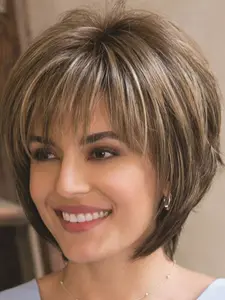 Women's Fashion Natural Puffy Short Curly Hair Wig, Pixie Wigs, Pixie Cut Wigs, Mixed Color 10 Inch Synthetic Fiber with Bangs, Perfect for Daily Wear, Holidays, Halloween Parties