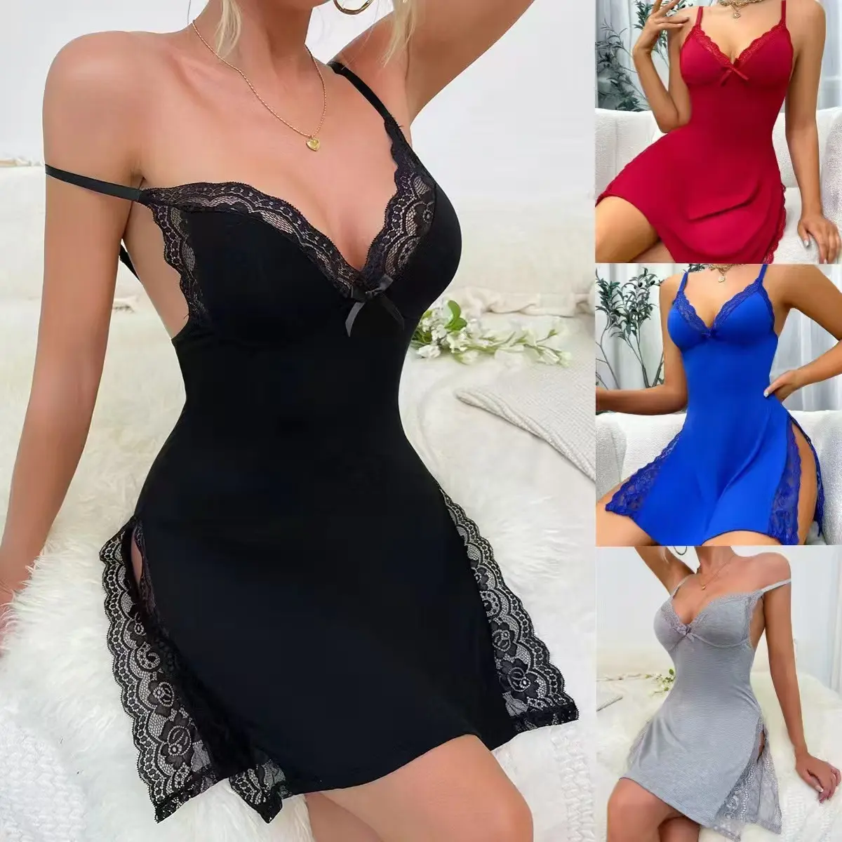 Women Lace Trim Satin Cami Nightgown, V‑Neck Bow Slip Sleep Dress with High Side Slit, Soft Lingerie Nightdress for Bedroom Honeymoon Anniversary Nightwear