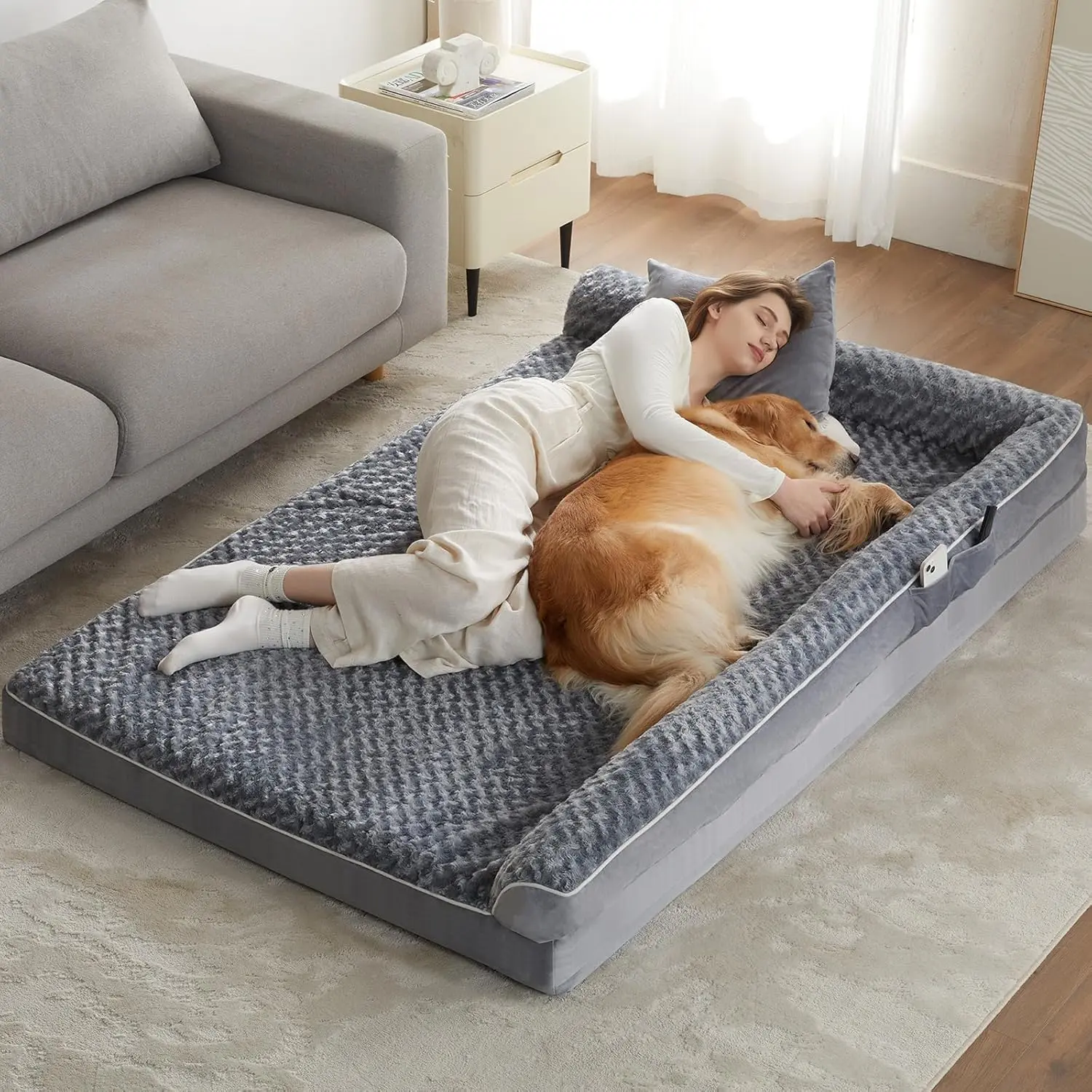 Orthopedic L-Shaped Large Dog Bed - 42" x 30" x 6.5" Waterproof Velvet-Top Sofa with Pressure Relief Memory Foam, Joint Support, Removable Washable Snap-Zipper Cover, Self-Warming Soft Surface, Non-Slip Bottom, Alleviates Discomfort, for Apartment Decor