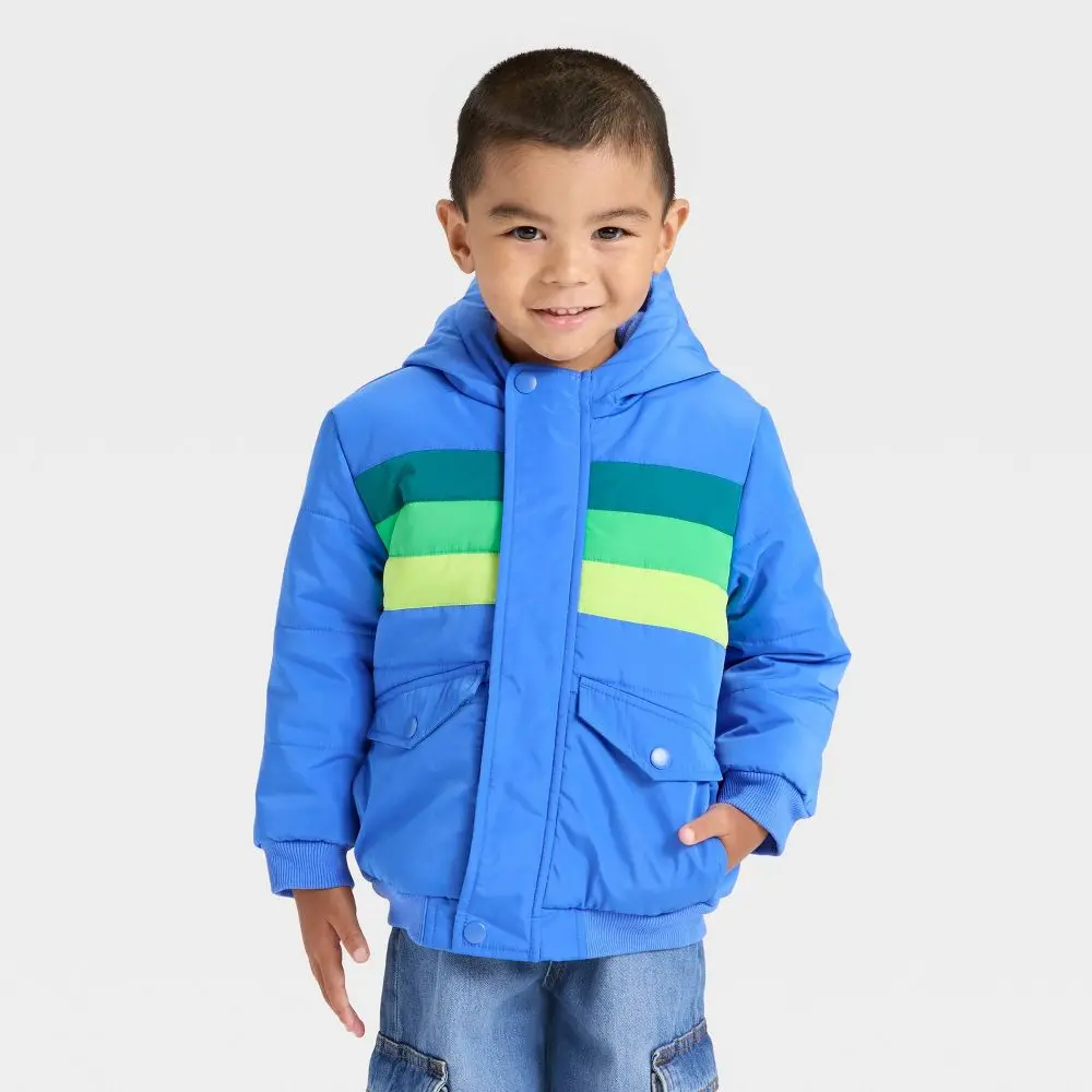 Toddler Boys' Colorblock Striped Heavyweight Puffer Jacket - Cat & Jack Toddler Boys' Colorblock Striped Heavyweight Puffer Jacket - Cat & Jack