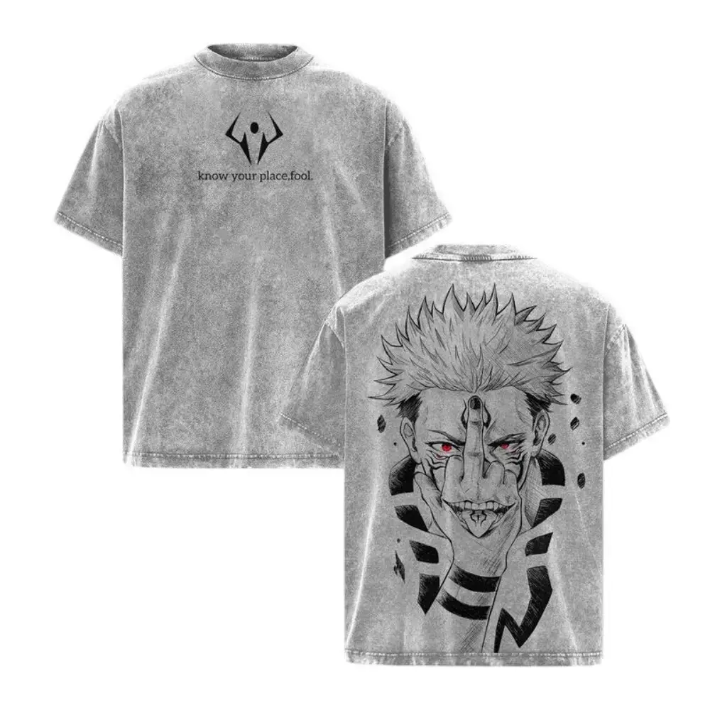 Men's Graphic Tee, Oversized Vintage Washed Heavy Cotton Ryomen Sukuna Jujutsu Kaisen Anime Streetwear Shirt, Tshirt, Round Neck, Vintage Retro, Washed Effect, Anime Style Men's Short-Sleeve T-Shirts, Graphic Print, Oversized Cut, Shortsleeve, Retro Look,