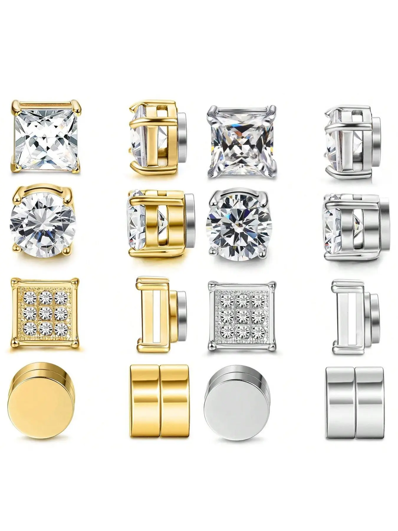2-4 Pairs/set Men Cubic Zirconia Magnetic Fashionable Earrings, Trendy Jewelry, Trendy Fashionable Accessories, Casual Colorblock Studs for Party, Wedding, All Seasons, Punk Hip Hop Style
